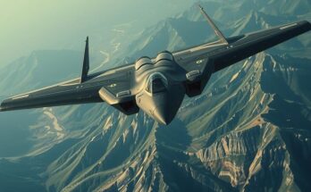 B-2 bomber flying over terrain, symbolizing military power and capability, in a dramatic color palette of dark grays and greens.