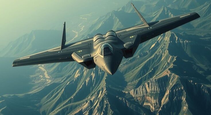 B-2 bomber flying over terrain, symbolizing military power and capability, in a dramatic color palette of dark grays and greens.