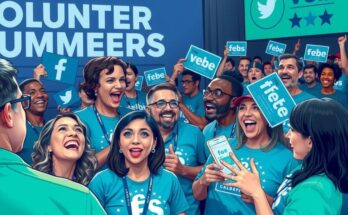 Une scène de campagne électorale dynamique avec des bénévoles engagés, des médias sociaux et une ambiance énergique.