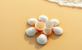 ocean beach with seashells in the sand, using warm colors and a soft texture