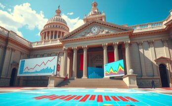 Représentation symbolique des débats économiques au Congrès avec des graphiques et un bâtiment du gouvernement sous un ciel bleu.