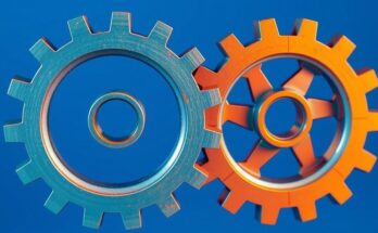 A silhouette of two contrasting gears, symbolizing a complex relationship, in a vibrant blue and orange color scheme.
