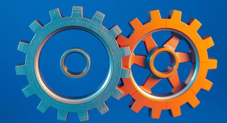 A silhouette of two contrasting gears, symbolizing a complex relationship, in a vibrant blue and orange color scheme.