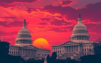 Deux bâtiments du Capitole sous un coucher de soleil vibrant, symbolisant un débat politique intense.