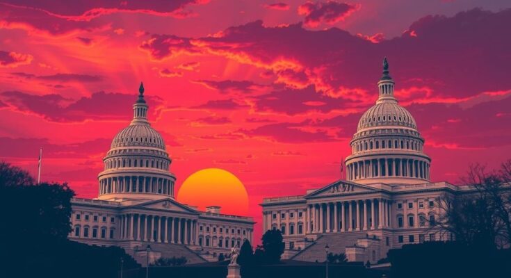 Deux bâtiments du Capitole sous un coucher de soleil vibrant, symbolisant un débat politique intense.