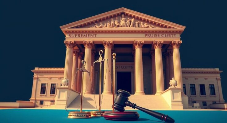 A symbolic representation of a Supreme Court building with scales and gavel, using a blend of gold and navy blue tones.