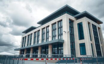 Modern government building with security measures under a cloudy sky, symbolizing vigilance and safety.