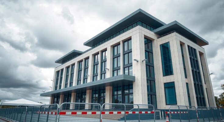 Modern government building with security measures under a cloudy sky, symbolizing vigilance and safety.