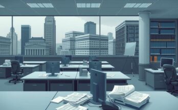 Rétablissement des salariés fédéraux avec des bureaux gouvernementaux en arrière-plan et une ambiance administrative.