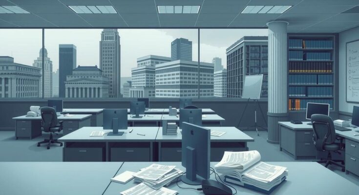 Rétablissement des salariés fédéraux avec des bureaux gouvernementaux en arrière-plan et une ambiance administrative.