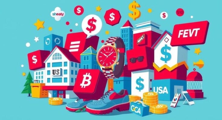 Graphique illustrant les sources de revenus diversifiées de Trump, avec des bâtiments, des produits et des éléments de marque.