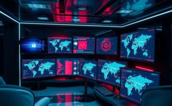 Vue d'un bureau de sécurité avec des écrans montrant des informations sur la cybersécurité et des cartes géopolitiques en arrière-plan.