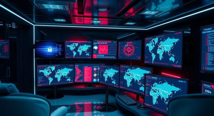 Vue d'un bureau de sécurité avec des écrans montrant des informations sur la cybersécurité et des cartes géopolitiques en arrière-plan.