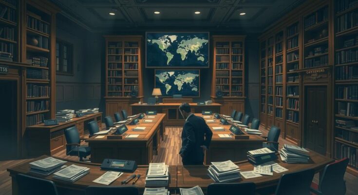 Un groupe de sénateurs discutant lors d'une réunion au Sénat américain, entouré de documents confidentiels.