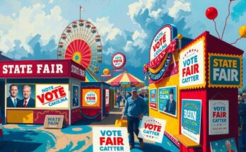 Pemandangan North Carolina State Fair dengan suasana politik, papan iklan, dan booth pemilihan.