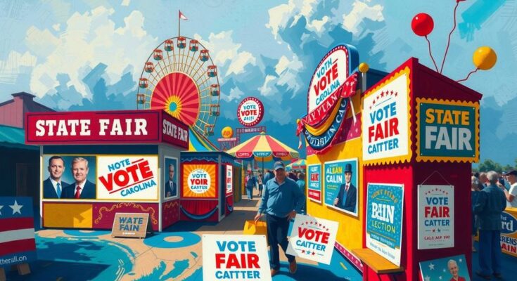 Pemandangan North Carolina State Fair dengan suasana politik, papan iklan, dan booth pemilihan.