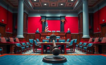 Senate debate scene with empty chamber, symbolic gavel, red and blue colors representing political conflict in Washington