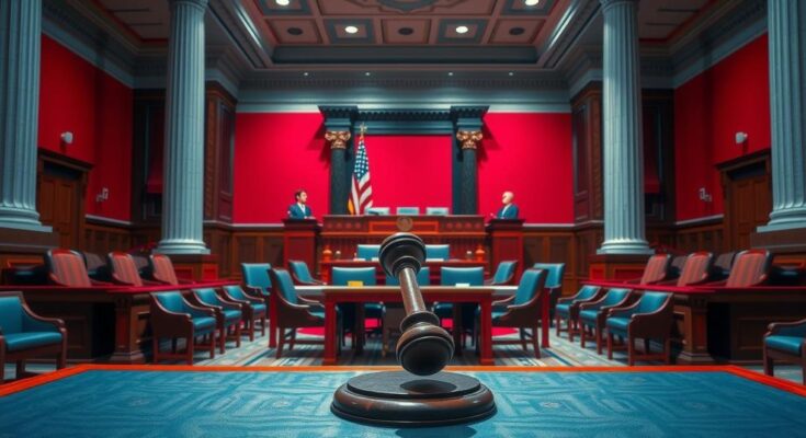 Senate debate scene with empty chamber, symbolic gavel, red and blue colors representing political conflict in Washington