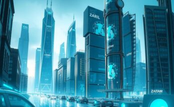 Un paesaggio urbano futuristico con grattacieli e tecnologia avanzata, toni blu e verdi, stile moderno.
