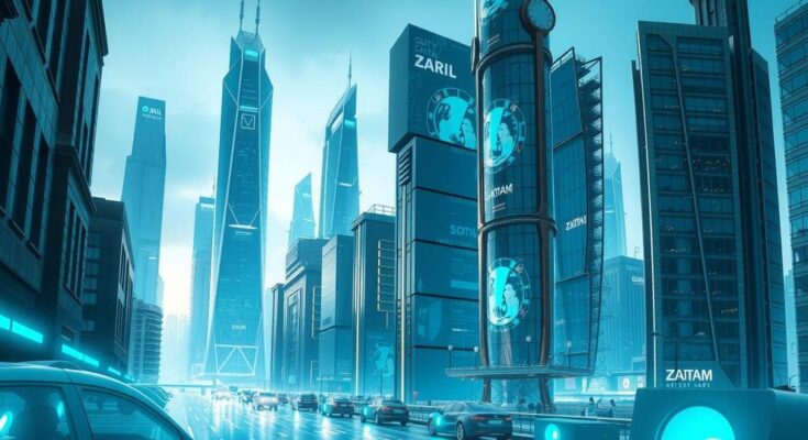 Un paesaggio urbano futuristico con grattacieli e tecnologia avanzata, toni blu e verdi, stile moderno.