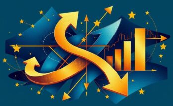 Abstract representation of diplomatic negotiations with charts and arrows, in bold blues and golds.