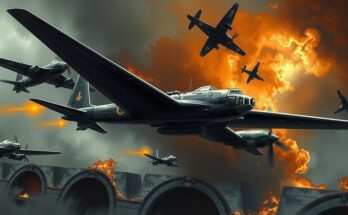 Une scène militaire dramatique avec des bombardiers en vol au-dessus d'installations souterraines, accentuant des teintes sombres.