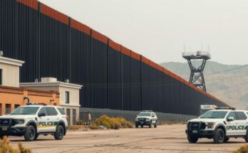 A conceptual illustration of a border barrier surrounded by detention facilities, showcasing law enforcement and immigration themes.
