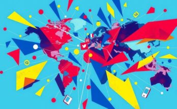 Musk's political influence; colorful abstract art highlighting global politics and social media impact.