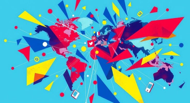 Musk's political influence; colorful abstract art highlighting global politics and social media impact.