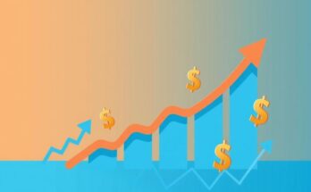 Ilustrasi strategi ekonomi dengan grafik naik, simbol dolar, latar belakang biru dan oranye.