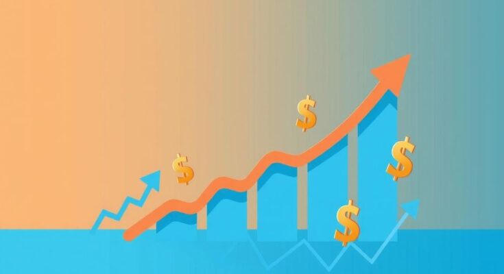 Ilustrasi strategi ekonomi dengan grafik naik, simbol dolar, latar belakang biru dan oranye.