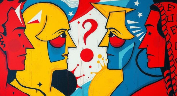 Rappresentazione artistica di un dibattito politico con elementi astratti e colori vivaci.