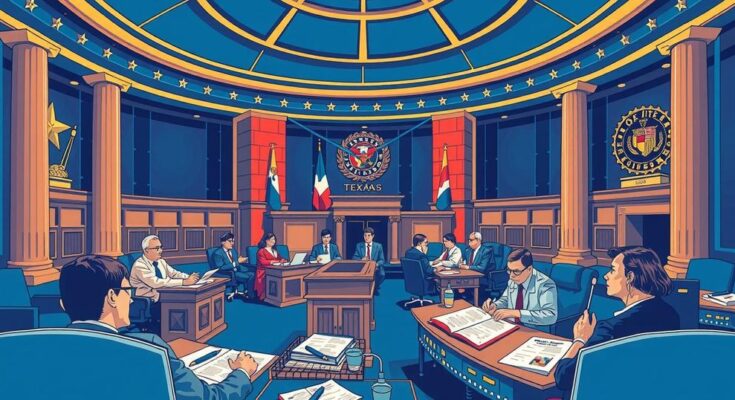 Gambar ilustrasi aktivitas legislasi, dengan suasana dinamis di gedung pemerintahan Texas.