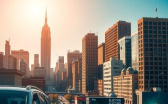 Dynamic New York City skyline viewed on a hot primary election day, illustrating vibrant political energy and summer heat.