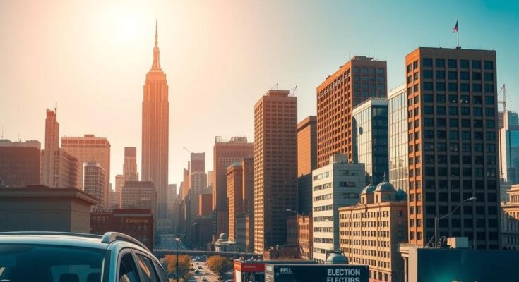 Dynamic New York City skyline viewed on a hot primary election day, illustrating vibrant political energy and summer heat.