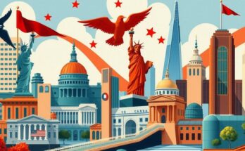Un peisaj politic din New York, cu simboluri ale democrației și extrema stângă în fundal, culori vibrante.