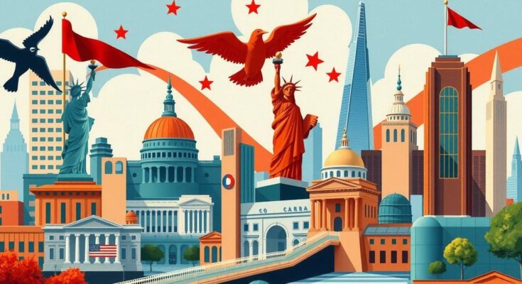 Un peisaj politic din New York, cu simboluri ale democrației și extrema stângă în fundal, culori vibrante.