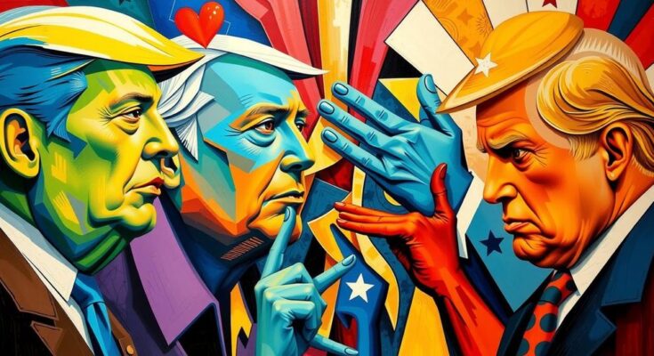 Динамичный и яркий микс цветов, олицетворяющий политические дебаты и напряжение в обществе.