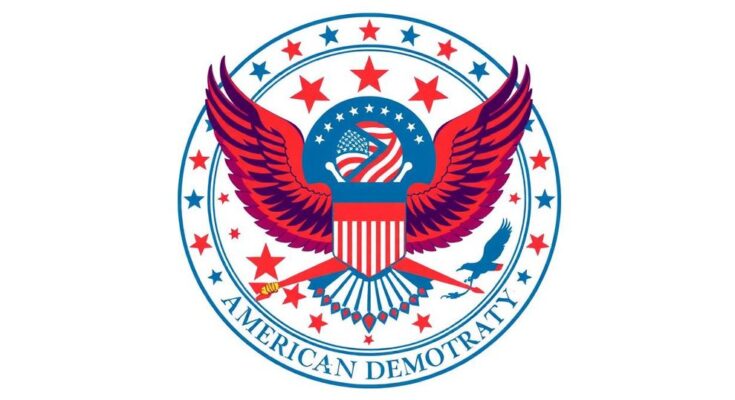 Simbol kekuatan demokrasi Amerika dengan latar belakang lambang kebebasan, bendera, dan elemen multikultural.