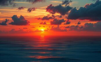 A dramatic sunset over a calm ocean, reminiscent of tension, featuring vivid orange and dark blue hues.