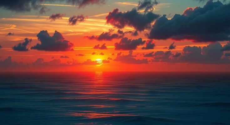 A dramatic sunset over a calm ocean, reminiscent of tension, featuring vivid orange and dark blue hues.