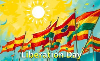 Rappresentazione simbolica della Giornata della Liberazione, con bandiere, simboli di libertà e il sole splendente.