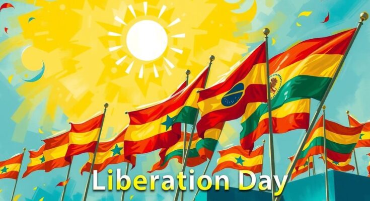 Rappresentazione simbolica della Giornata della Liberazione, con bandiere, simboli di libertà e il sole splendente.