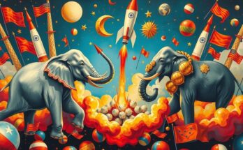 Trump and Musk dynamic representation with political symbols and vibrant colors