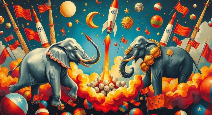 Trump and Musk dynamic representation with political symbols and vibrant colors