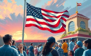 A strong American flag stands tall amidst diverse communities symbolizing resilience in democracy.