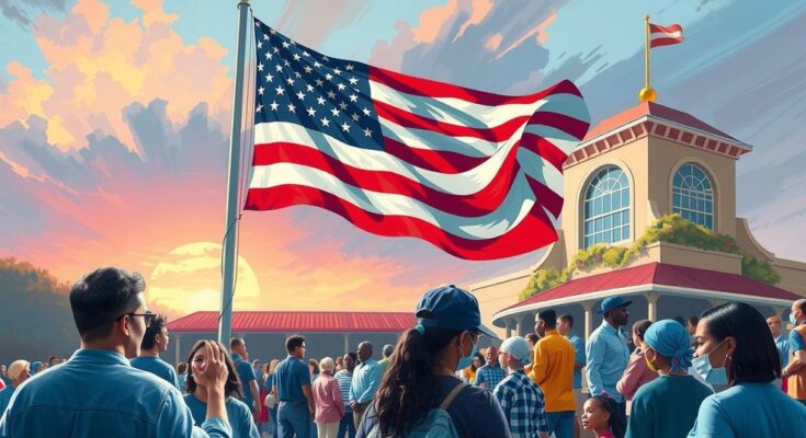 A strong American flag stands tall amidst diverse communities symbolizing resilience in democracy.