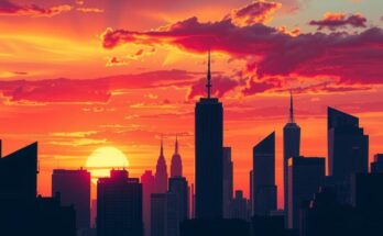 A colourful abstract depiction of a city skyline with vibrant hues representing political diversity and action.
