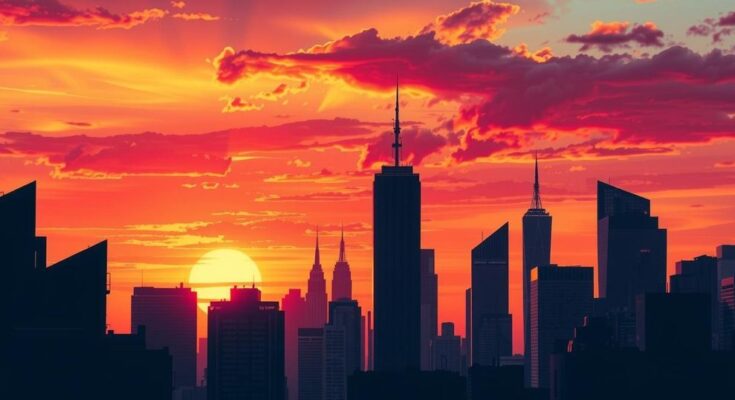 A colourful abstract depiction of a city skyline with vibrant hues representing political diversity and action.