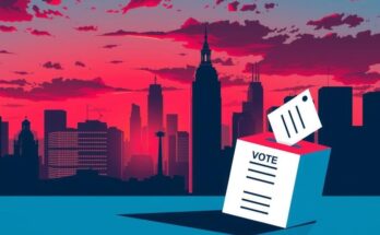 Illustration symbolizing political tension with a spotlight on a city skyline and a stylized ballot, colored in bold red and blue.